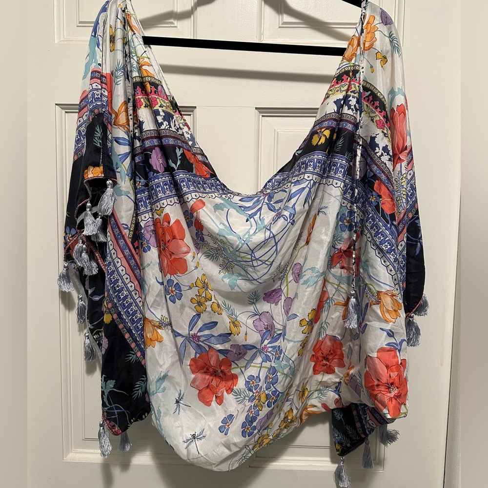 Johnny Was 100% Silk Wrap Shawl Scarf w/Blue Tassels